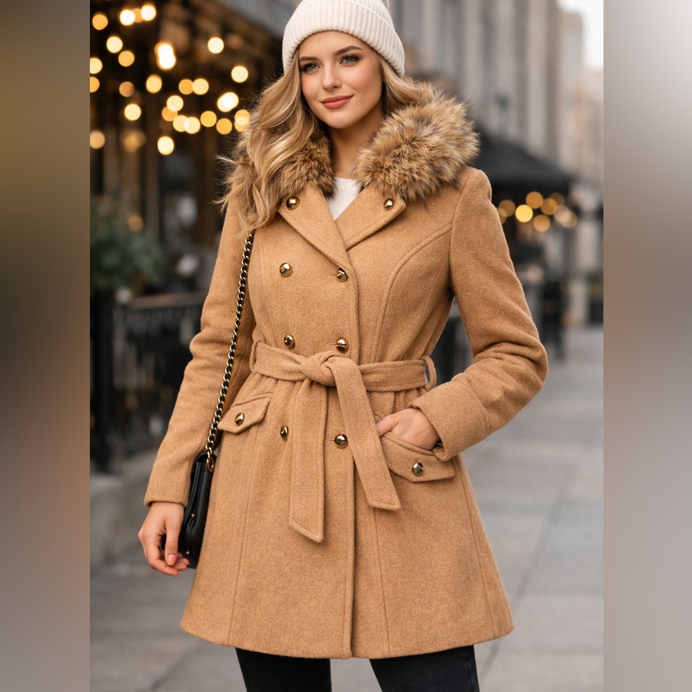 Jessica Simpson Camel Belted Coat Removable Faux Fur Collar Women’s Small